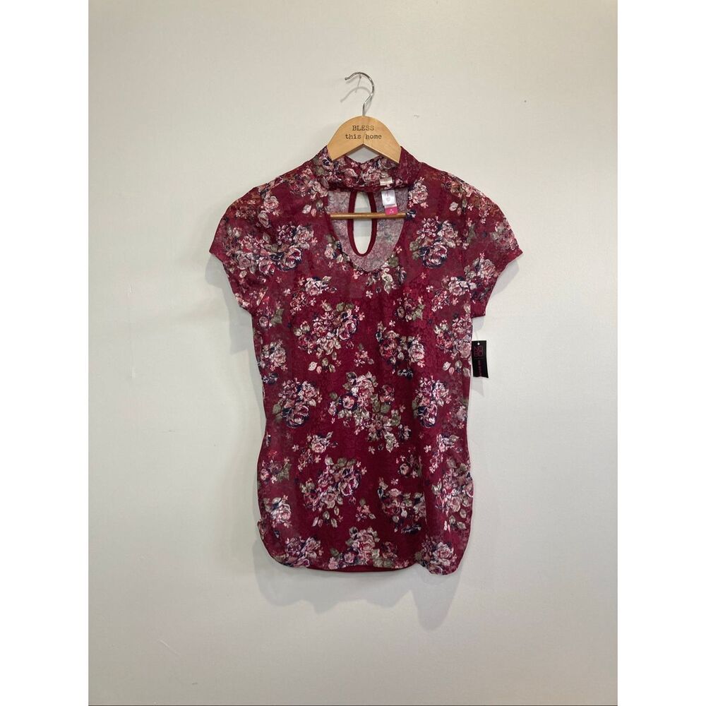 No Boundaries Floral Top Juniors M NWT Red Mock Neck Cutout Blouse
